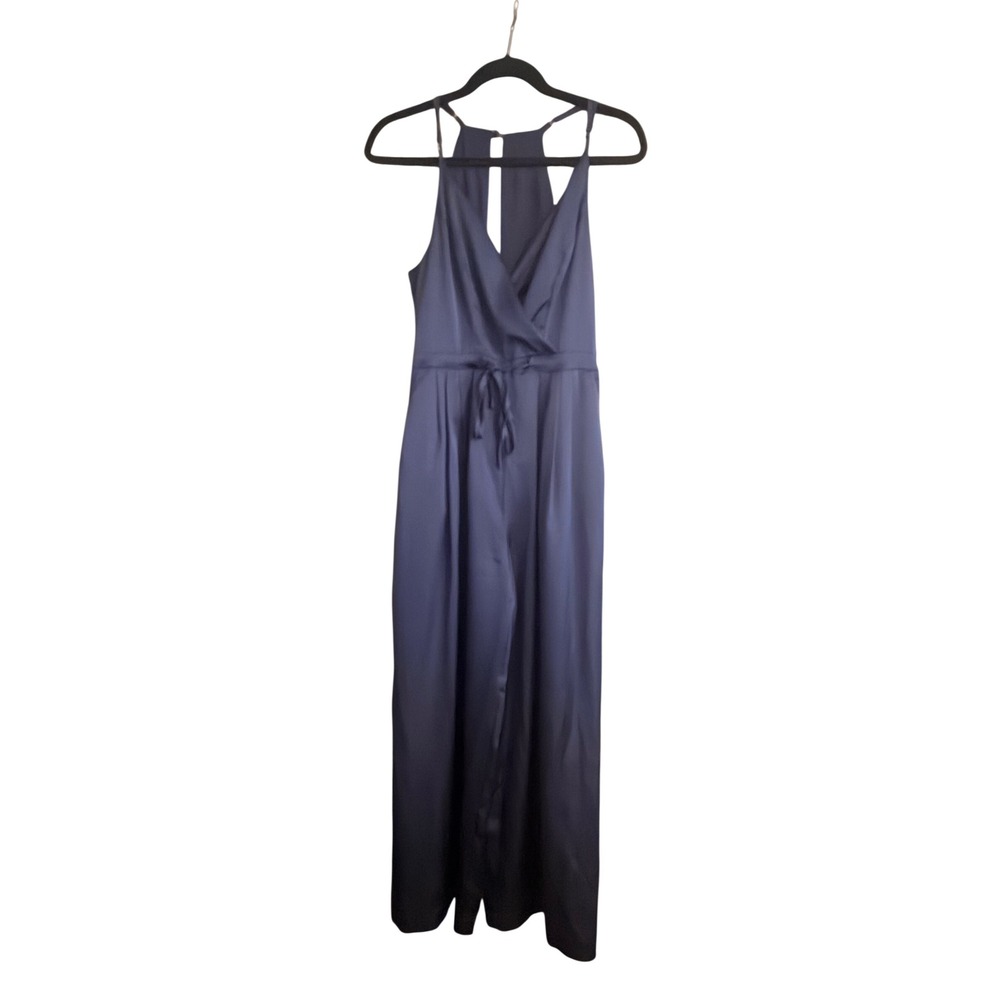 Lulus Navy Blue Satin Sleeveless Wide Leg Jumpsuit Tie Waist Cutout Back